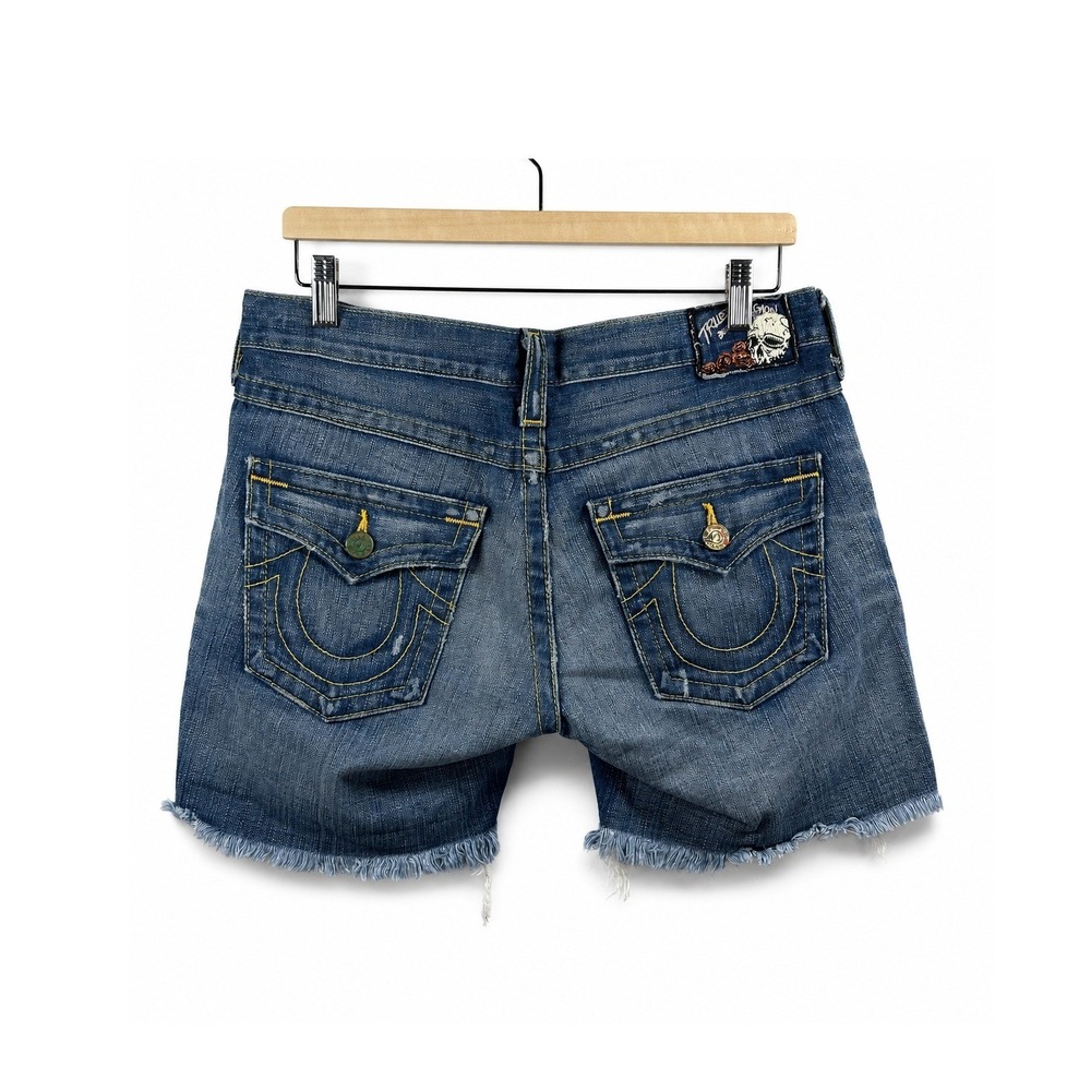 True Religion Brand Jeans Women Jayde Gold Vintage Skull with Roses Denim Shorts
